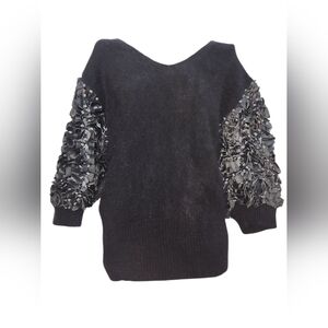 Vintage Elegant Black Sweater with Sheer Embellished Sleeves